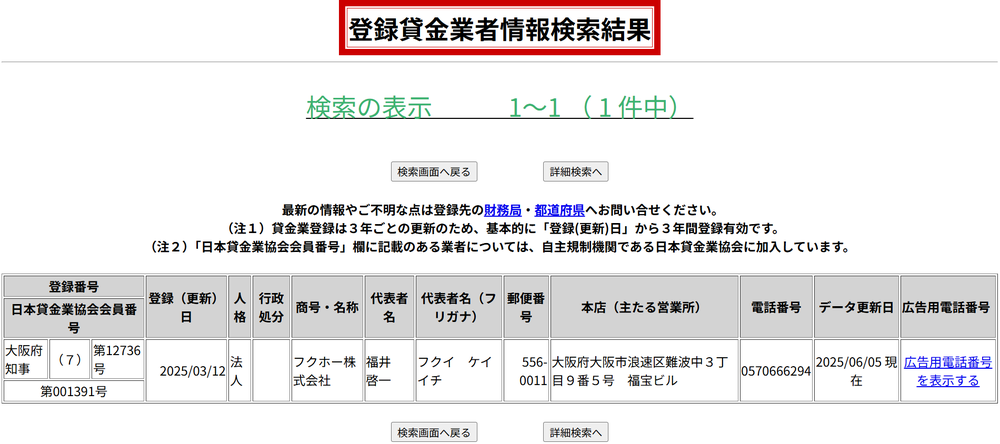 フクホー登録貸金業者